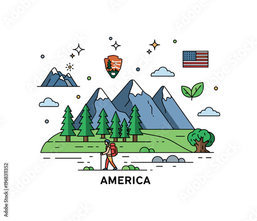 America national park exploration scene where forests and mountains appear with a hiker while small sparkle and leaf icons emphasize adventure, nature, and