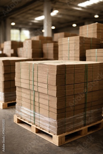 Stacked cardboard boxes on pallet in warehouse interior ready for shipping and storage