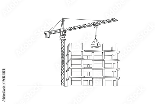 Construction Site Equipment. Minimalistic one-line drawing crane standing tall with suspended load near building frame, continuous single black line on white