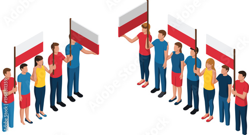 Polish people holding flag illustration, national unity crowd, Poland independence concept, patriotic group, cultural identity, teamwork, celebration, isometric design