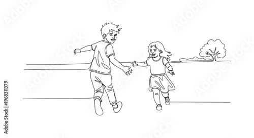 Tag Play. Minimalistic one-line drawing siblings chasing each other outdoors, continuous single black line on white background, simple outline style, no