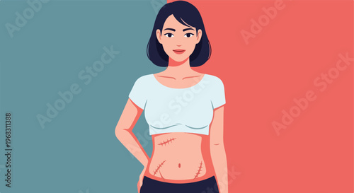 A young woman standing against a dual-colored background with visible abdominal scars
