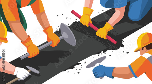 road construction workers repairing asphalt pavement with tools, street maintenance process, civil engineering infrastructure work and road repair illustration