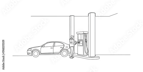 Station Stop. Minimalistic one-line drawing car at fuel pump with person, continuous single black line on white background, simple outline style, no shading,