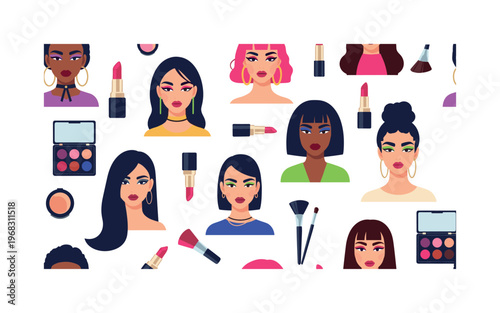 bold makeup icons seamless pattern, repeating pattern, surface design, textile print, modern illustration of models, colorful hair, vibrant