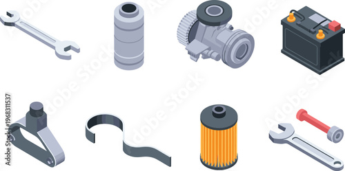 set of automotive parts and tools, battery, filter, wrench, engine components, repair equipment, maintenance, garage, isometric illustration