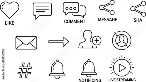 Social media engagement icons including like heart message comment share and notification bell symbols for mobile apps.