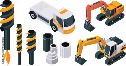 set of construction machinery and drilling tools, excavator, truck, auger bits, industrial equipment, engineering, maintenance, isometric illustration