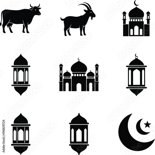 Black silhouette of cow goat mosque lantern and crescent moon star