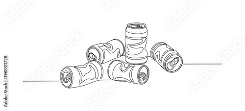 Rusty Trash. Minimalistic one-line drawing corroded cans discarded on ground, continuous single black line on white background, simple outline style, no