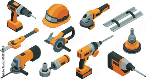 set of construction tools and safety gear, drill, grinder, helmet, industrial equipment, workshop, maintenance, engineering tools, isometric illustration