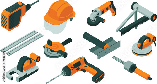 set of construction tools and safety equipment, drill, grinder, helmet, industrial tools, workshop, maintenance, engineering, isometric illustration