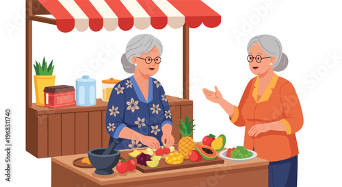 Two elderly women standing at a wooden market stall with fresh tropical fruits