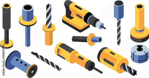 set of drill machines and drill bits, industrial tools, construction equipment, power tools, DIY repair, hardware, workshop, maintenance, isometric illustration
