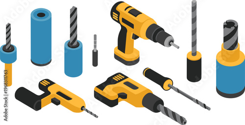set of drill tools and drill bits, electric drill, construction equipment, DIY repair, hardware tools, workshop, industrial, maintenance, illustration