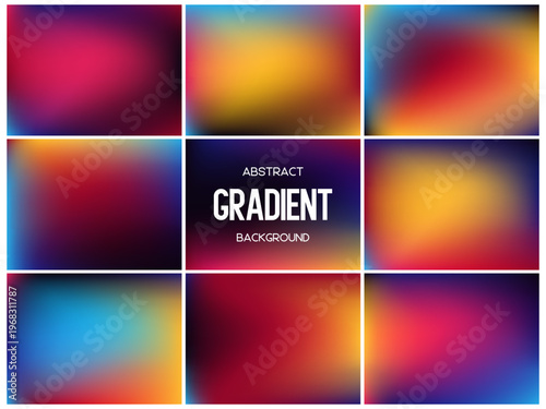 Collection of vibrant tropical and night mesh gradients. Abstract red, blue and orange backgrounds for energy, summer and exotic designs. Dark blurred textures, vector illustration.