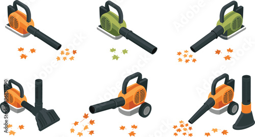 set of electric leaf blowers and garden vacuum tools, outdoor cleaning equipment, autumn leaves, maintenance, gardening tools, isometric illustration