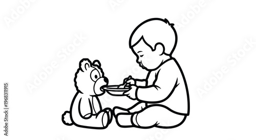 A black and white line art illustration of a baby feeding their toy teddy bear