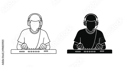 Gamer with headset and keyboard shown in outline and silhouette