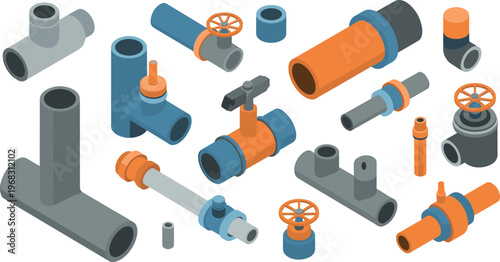set of plumbing pipes and valves, industrial pipeline system, connectors, fittings, water supply equipment, construction, maintenance, engineering, isometric illustration