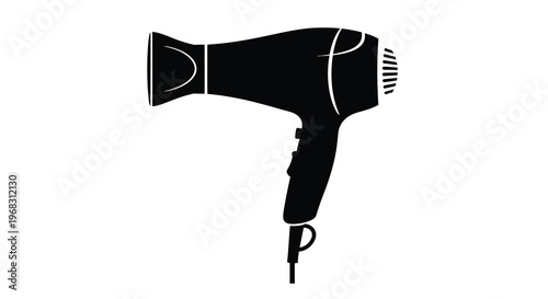 A minimalist black silhouette of a hair dryer is displayed against a solid white background