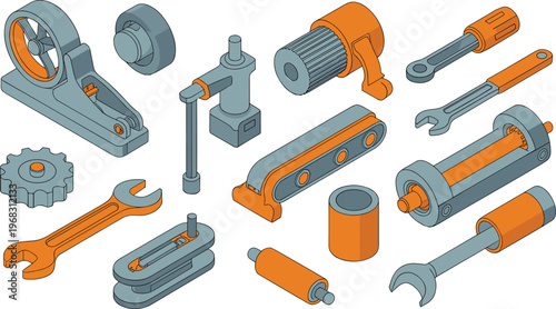 set of mechanical tools and machine parts, gears, wrench, industrial equipment, engineering components, maintenance, workshop tools, isometric illustration