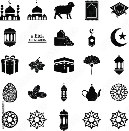 Islamic cultural including mosques sheep prayer mats lanterns and crescent moon architecture building