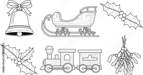 Christmas Holiday Icons Set with Bell, Sleigh, Mistletoe, Holly, and Train