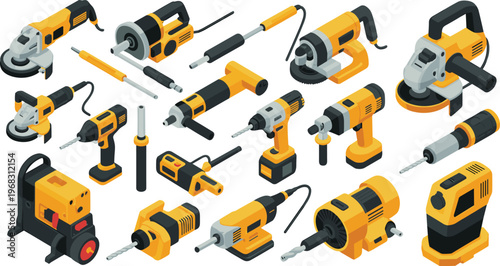 set of power tools and electric equipment, drill, grinder, saw, construction tools, industrial, DIY, workshop, maintenance, hardware, isometric illustration