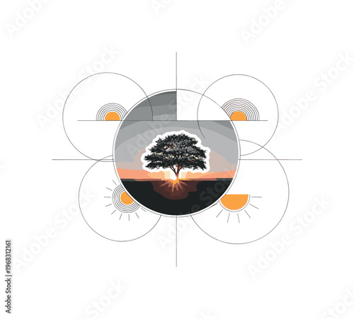 sunset landscape circular frames intersecting lines and abstract sun icons detailed monochrome lone tree on horizon with warm light rays with white cut-out