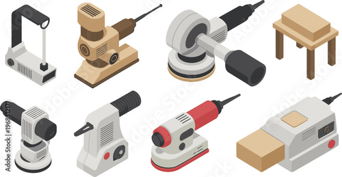 set of woodworking machines and tools, sander, drill, grinder, carpentry equipment, workshop, DIY, wood processing, maintenance, isometric illustration