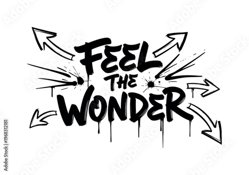 Feel the Wonder. lettering and all elements in black. Vector style. AWhite background. Pure white background. Perfect isolation and visual consistency. Dynamic