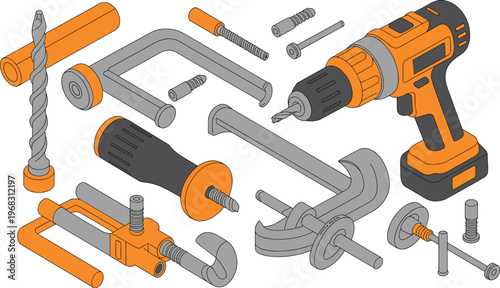 set of woodworking tools and fasteners, drill, clamps, screws, carpentry equipment, workshop tools, DIY, hardware, isometric illustration
