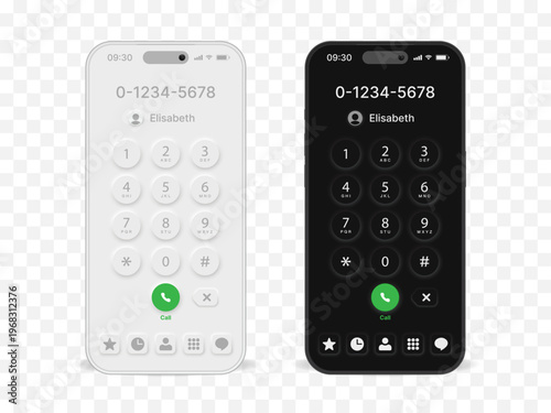Neomorphism Smartphone Dial Pad UI Mockup Light and Dark Mode, Mobile Phone Call Screen Interface Design Vector