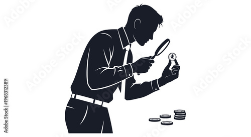 Man examining a coin with a magnifying glass black silhouette