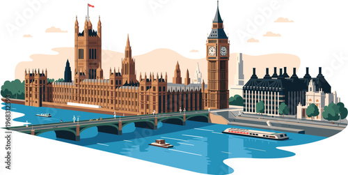 Stylized London cityscape with Big Ben Houses of Parliament and Westminster Bridge over Thames, detailed urban travel illustration scene