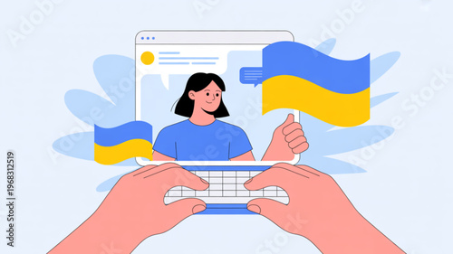 Woman using laptop with ukrainian flag symbolizing online support and solidarity with hands typing on keyboard