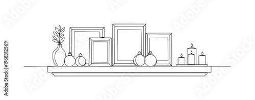 Mantel Shelf Decor. Minimalistic one-line drawing shelf above fireplace holding ornaments, framed pictures, and candles, continuous single black line on white