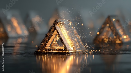 Glowing triangular structures with illuminated core reflecting on surface in futuristic environment showcasing symmetry energy design advanced technology abstract composition
