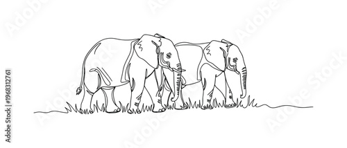 Elephant Calf Stroll. Minimalistic one-line drawing baby elephant walking beside another in grassland, continuous single black line on white background, simple