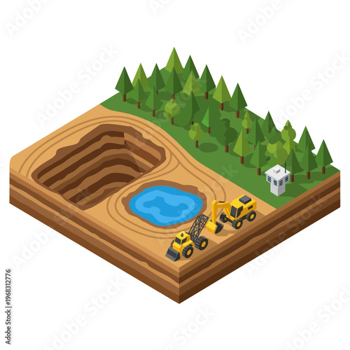 Construction Site with Excavators and Pond.