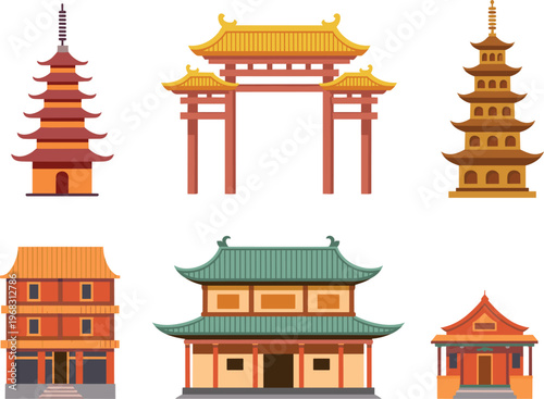 Collection of East Asian buildings in flat style including pagodas shrines and temple gates ideal for tourism and educational illustrations