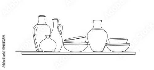 Vase and Bowl Arrangement. Minimalistic one-line drawing ceramic vases and bowls showcased on shelf, continuous single black line on white background, simple