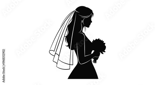 Elegant bride in profile holding a bouquet a striking silhouette