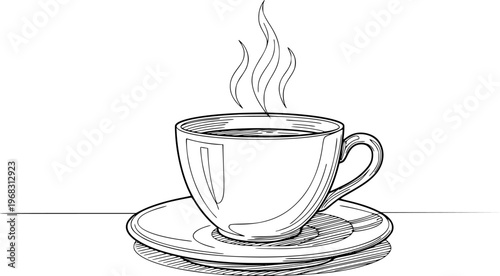 Hand drawn of a steaming cup of coffee a saucer with transparent background drink