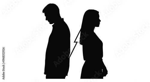 Couple standing back to back suggesting separation or disagreement silhouette