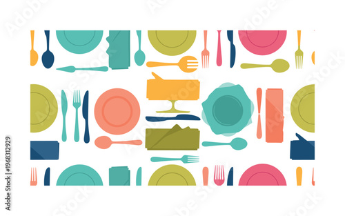 restaurant utensils seamless pattern, repeating pattern, surface design, textile print, modern illustration of forks, knives, spoons, serving utensils, plates