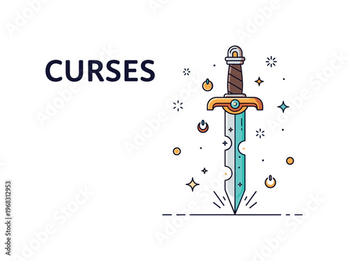 Curses enchanted dagger scene where a blade glows with magical energy while small sparkle and star icons emphasize danger, arcane power, and supernatural