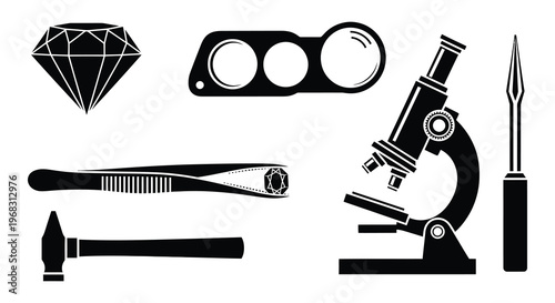 Scientific tools and a gemstone presented as a dark silhouette