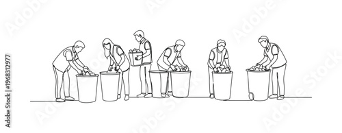 Neighborhood Recycling Program. Minimalistic one-line drawing volunteers collecting and organizing recyclables into bins, continuous single black line on white